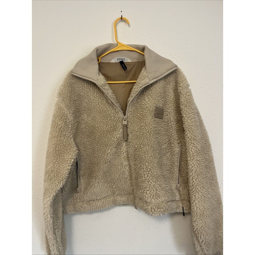 RAINS Women's Kofu Fleece Short Bomber Jacket Full Zip Beige Size Medium - Picture 2 of 14